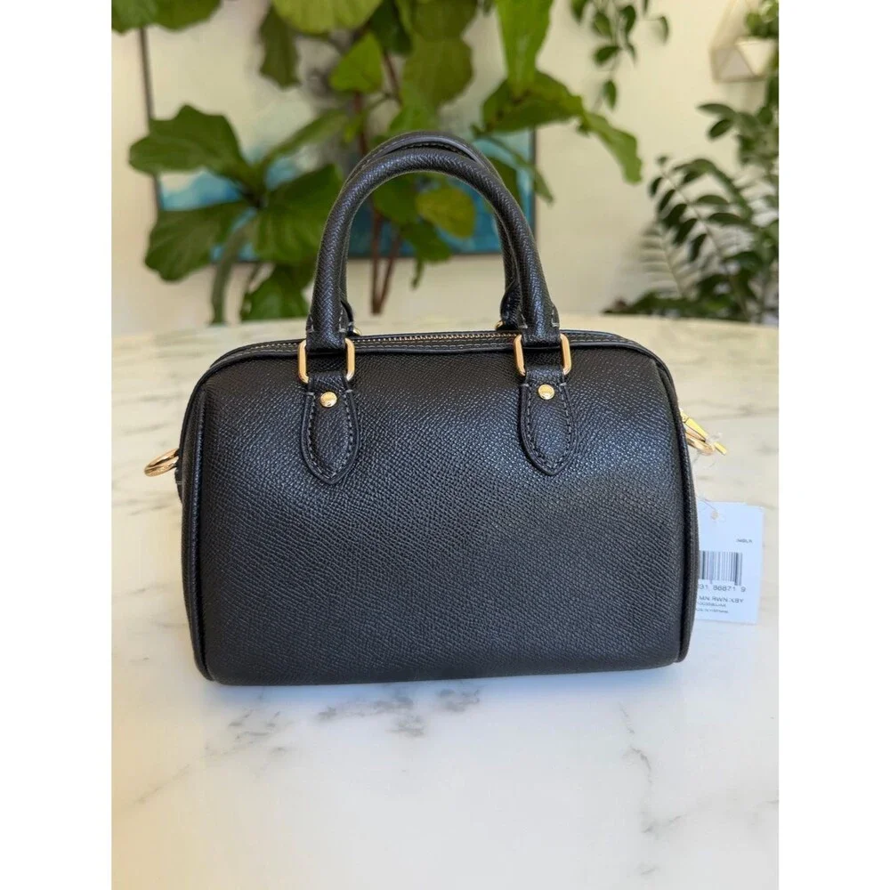 NWT Coach Mini Rowan Crossbody CH157 Black Crossgrain Leather / Gold Satchel